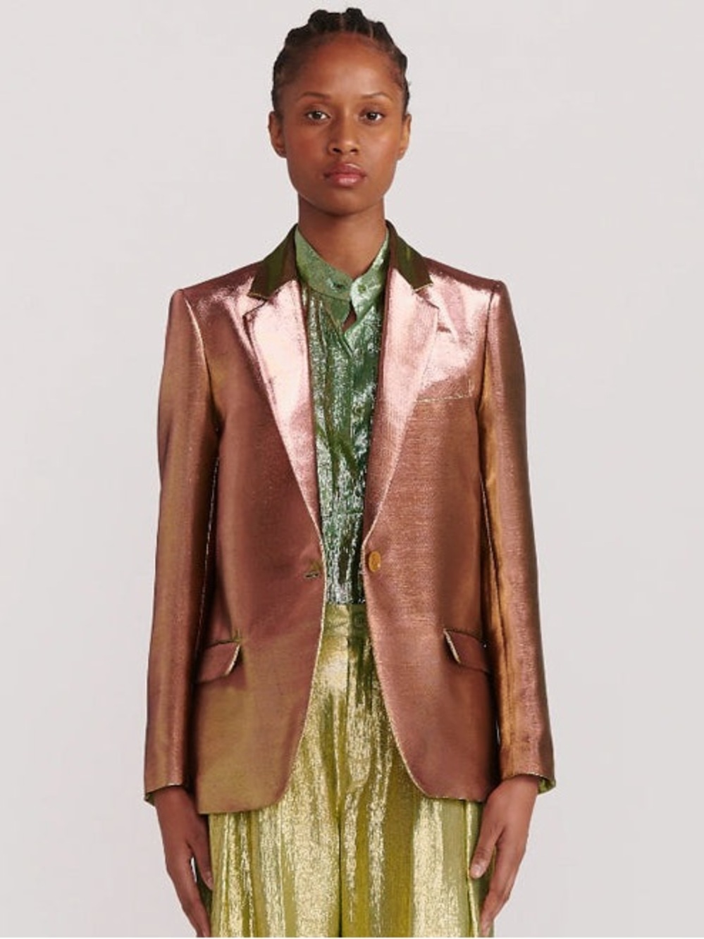 INDRESS Datte Jacket holographic lurex avocado peach as seen on Leandra Medine S